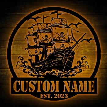 Custom Pirate Ship Metal Wall Art With Led Light, Personalized Pirate Ship Name Sign Decoration For Room, Pirate Ship Metal Decor Gift For Dad