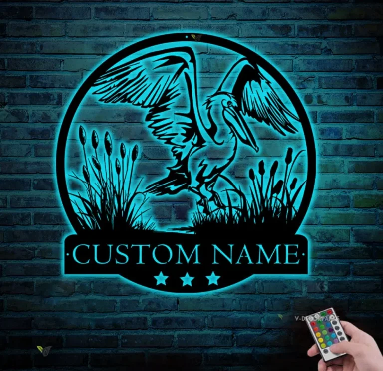 Custom American White Pelican Metal Sign With Lights, Personalized Pelican Hunting Lover Name Sign Pelican Decor Home Decor