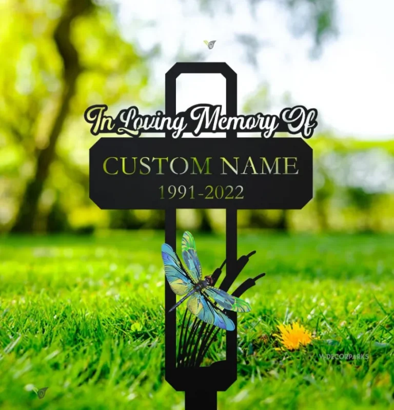 Custom Name Dragonfly Memorial Metal Stake, Dragonfly Name Sign, Garden Metal Stake, Sympathy Gift, Outdoor Grave Marker, Memorial Stake