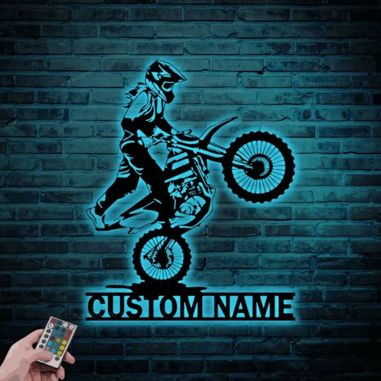 Custom Girl Motocross Biker Metal Sign Led Lights, Personalized Female Dirt Bike Name Sign Home Motorcycle Decor Rider Decoration Xmas