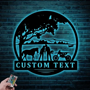 Custom Motocross Biker Cowgirl Couple Kiss Metal Sign Led Lights, Personalized Dirt Bike Name Sign Home Decor Motorcycle Horse Rider Xmas