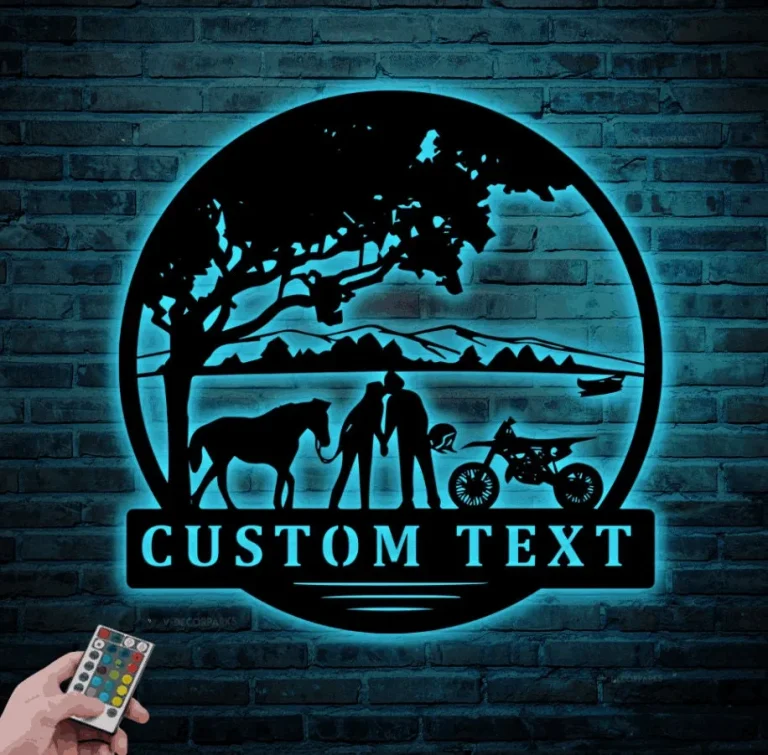 Custom Motocross Biker Cowgirl Couple Kiss Metal Sign Led Lights, Personalized Dirt Bike Name Sign Home Decor Motorcycle Horse Rider Xmas