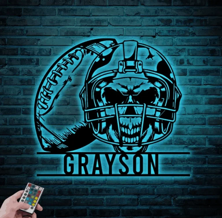 Custom Skull American Football Metal Sign Led Lights, Personalized Skull Football Player Name Sign Home Decor Nursery Decoration Birthday