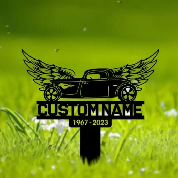 Custom Hot Rod With Wings Memorial Stake, Metal Stake With Solar, Sympathy Gift, Garden Sign, Grave Marker, Hot Rod, Dad Loss, Rememberance Sign