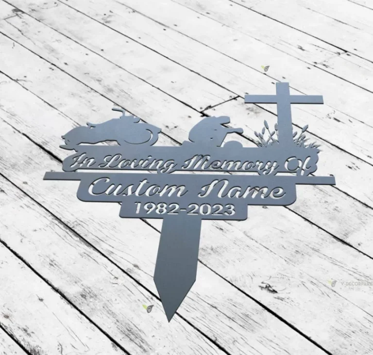 Personalized Biker Kneels At Cross Motobike Rider Memorial Stake, Metal Stake, Sympathy Sign, Grave Marker, Remembrance Stake, Home Decor