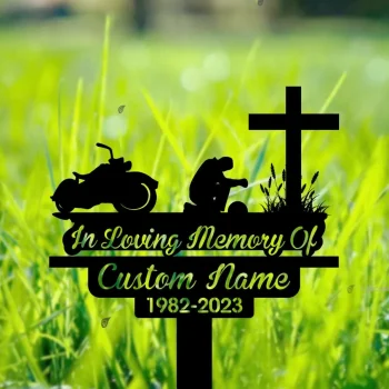 Personalized Biker Kneels At Cross Motobike Rider Memorial Stake, Metal Stake, Sympathy Sign, Grave Marker, Remembrance Stake, Home Decor