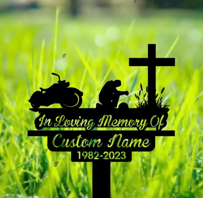 Personalized Biker Kneels At Cross Motobike Rider Memorial Stake, Metal Stake, Sympathy Sign, Grave Marker, Remembrance Stake, Home Decor