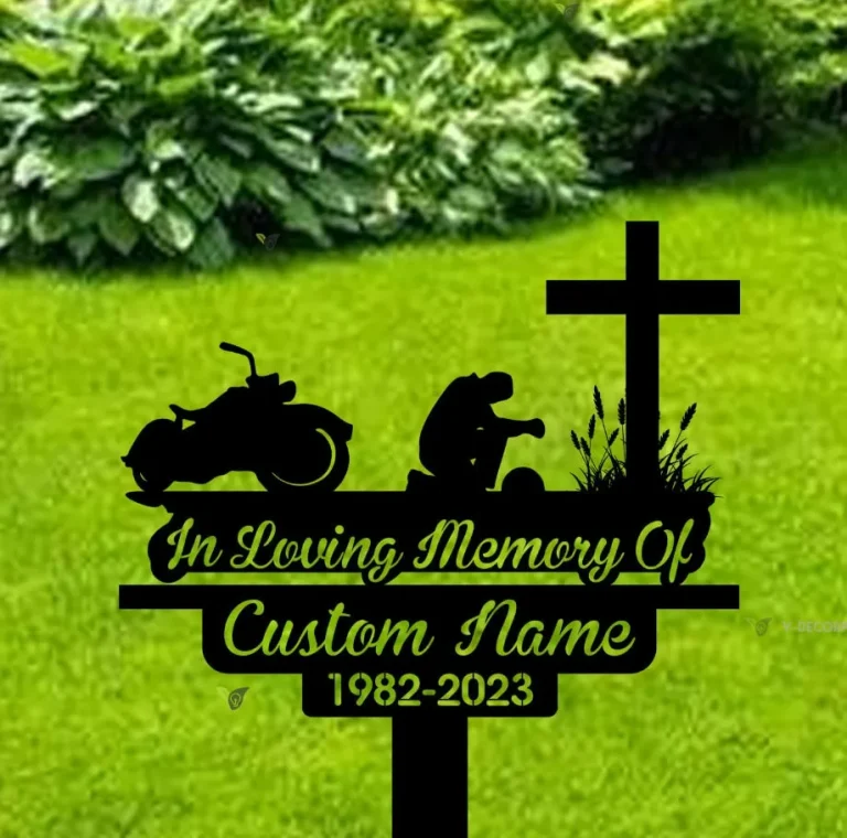 Personalized Biker Kneels At Cross Motobike Rider Memorial Stake, Metal Stake, Sympathy Sign, Grave Marker, Remembrance Stake, Home Decor
