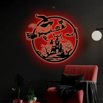 Gnome Witch And Cat Metal Wall Art Led Light Moon Witch Riding Broom Sign Decoration Halloween Home Decor Birthday Xmas Housewarming