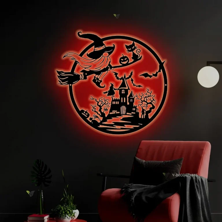 Gnome Witch And Cat Metal Wall Art Led Light Moon Witch Riding Broom Sign Decoration Halloween Home Decor Birthday Xmas Housewarming