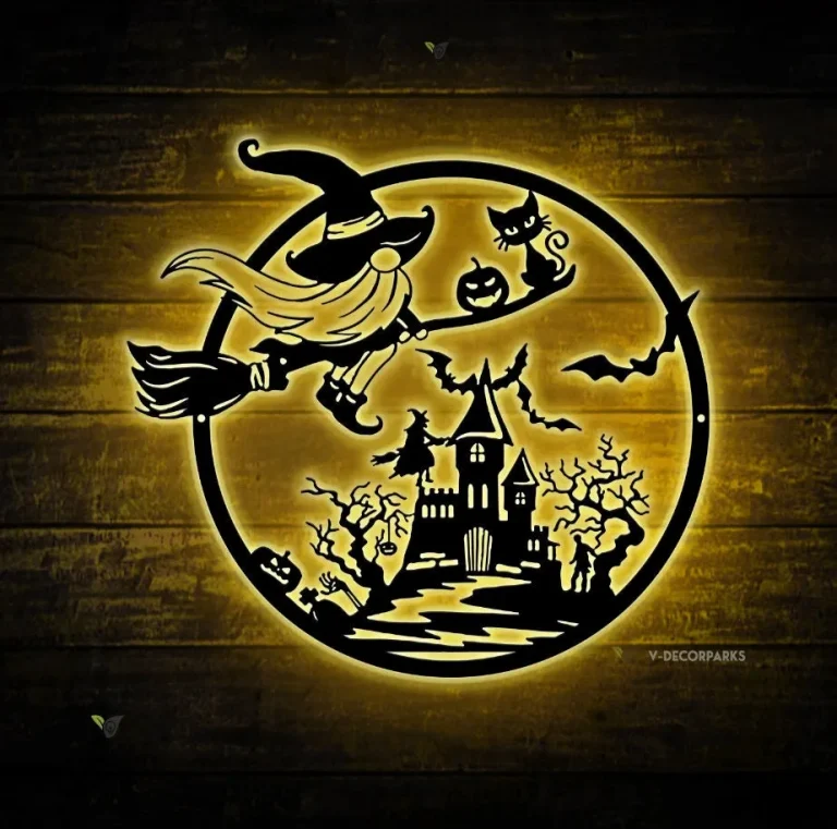 Gnome Witch And Cat Metal Wall Art Led Light Moon Witch Riding Broom Sign Decoration Halloween Home Decor Birthday Xmas Housewarming