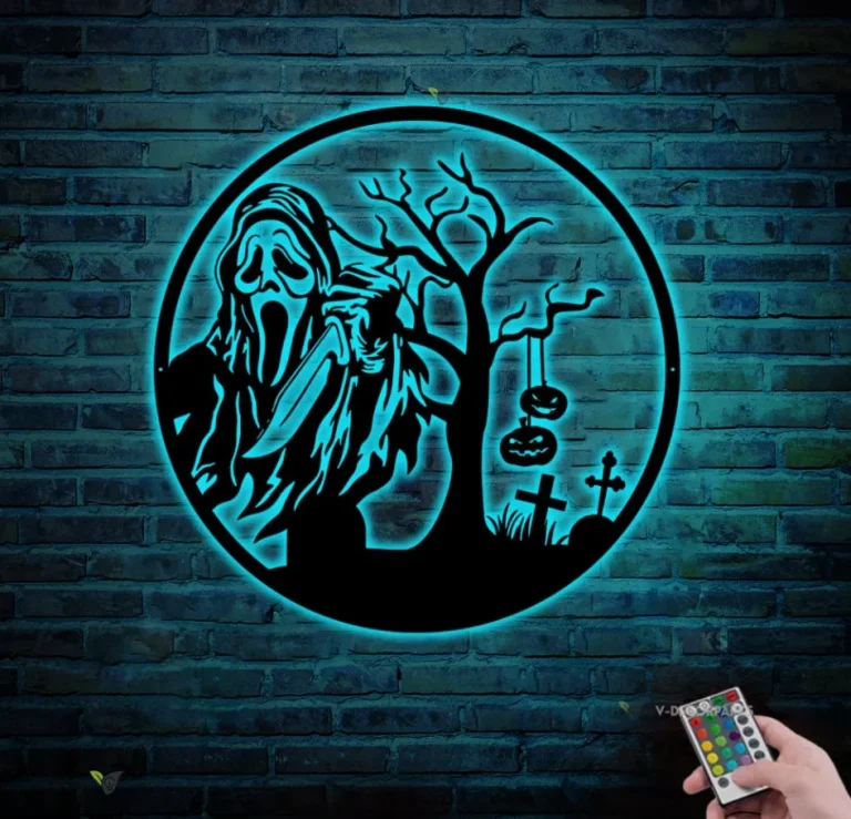 Ghostface Halloween Metal Wall Art With Led Lights Gost Face Sign Home Decor Horror Halloween Decoration Happy Halloween Outdoor Gift