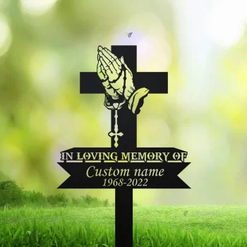 Personalized Cross Memorial Stake, Cross With Praying Hand Metal Stake, Sympathy Sign, Grave Marker, Remembrance Stake, Dad Loss, Mom Loss