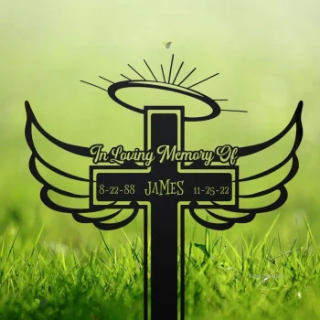 Personalized Cross Memorial Stake, Garden Decor, Rest In Peace, Cross With Wings, Angel Stake, Metal Stake, Sympathy Sign, Grave Marker, Gift