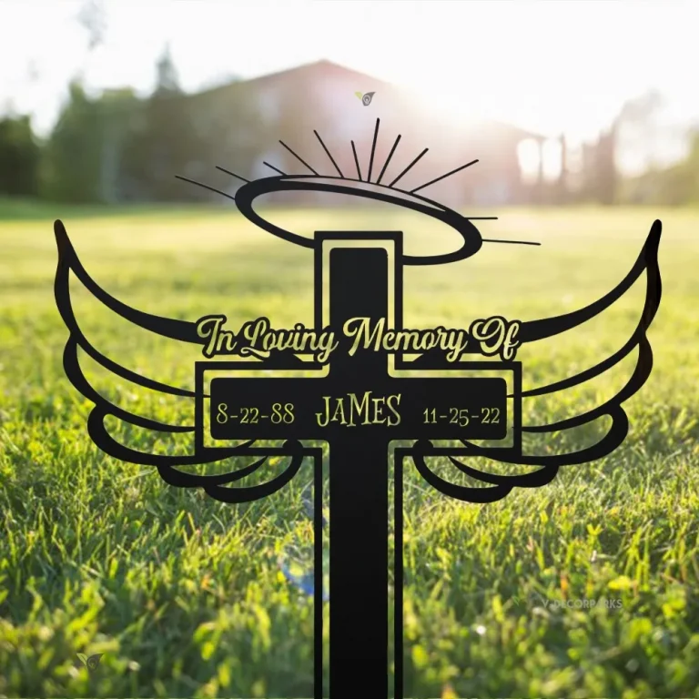 Personalized Cross Memorial Stake, Garden Decor, Rest In Peace, Cross With Wings, Angel Stake, Metal Stake, Sympathy Sign, Grave Marker, Gift