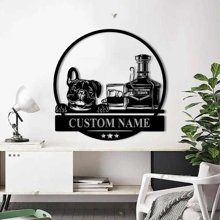 Custom Bourbon Cigar And French Bulldog Metal Wall Art Frenchie Dog Decoration Personalized Alcohol Smoke Sign Home Bar Pub Decor Dog Lover