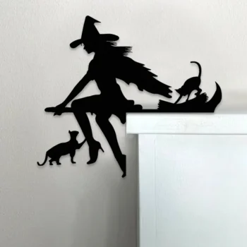 Witch, Broom And Cats Halloween Metal Wall Art, Bedroom, Living Room Wall Art, Witch Bachelorette Decor, Halloween Metal Wall Art