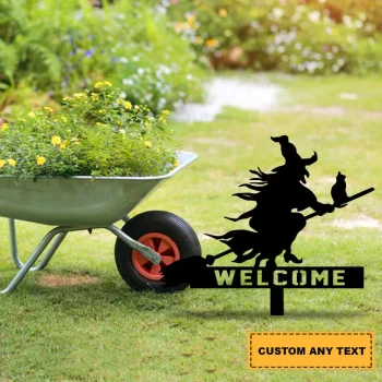 Personalized Spooky Witch And Cat On Broom Metal Garden Decor, Halloween Stake, Witch With Scary Cat Metal, Halloween Stake Sign Decor