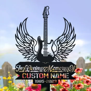 Custom Electric Guitar Angel With Wings Memorial Stake, Guitar Lover Memorial, Metal Stake, Sympathy Sign, Grave Marker, Remembrance Stake