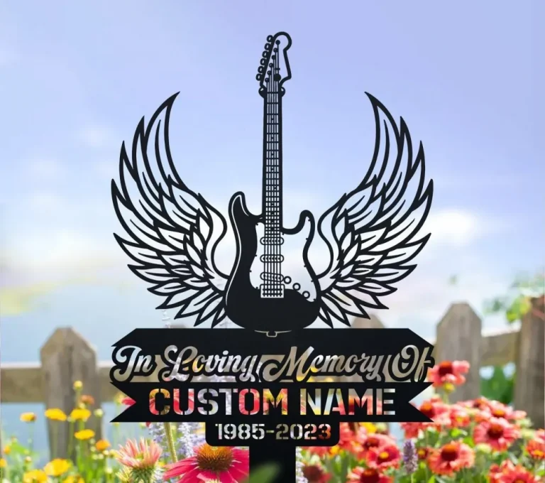 Custom Electric Guitar Angel With Wings Memorial Stake, Guitar Lover Memorial, Metal Stake, Sympathy Sign, Grave Marker, Remembrance Stake