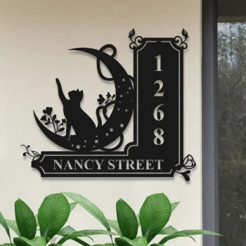 Custom Black Cat On The Moon House Number Metal Wall Art, Address Number Sign, Cat Lover Gift, Personalized Address Sign Home Decor, Number