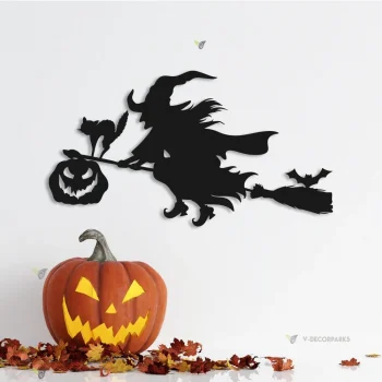 Halloween Flying Witch Wall Decor, Halloween Wall Art, Witch On Her Flying Broom, Metal Sign, Haunted House Sign, Scary Sign, Spooky Sign