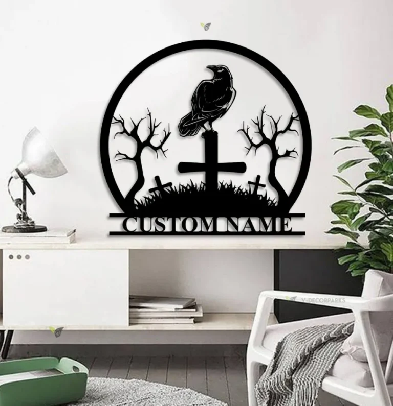 Custom Raven Metal Wall Art With Led Light Personalized Crow Moon Name Sign Home Decor Black Horror Bird Decoration Man Cave Hanging Door