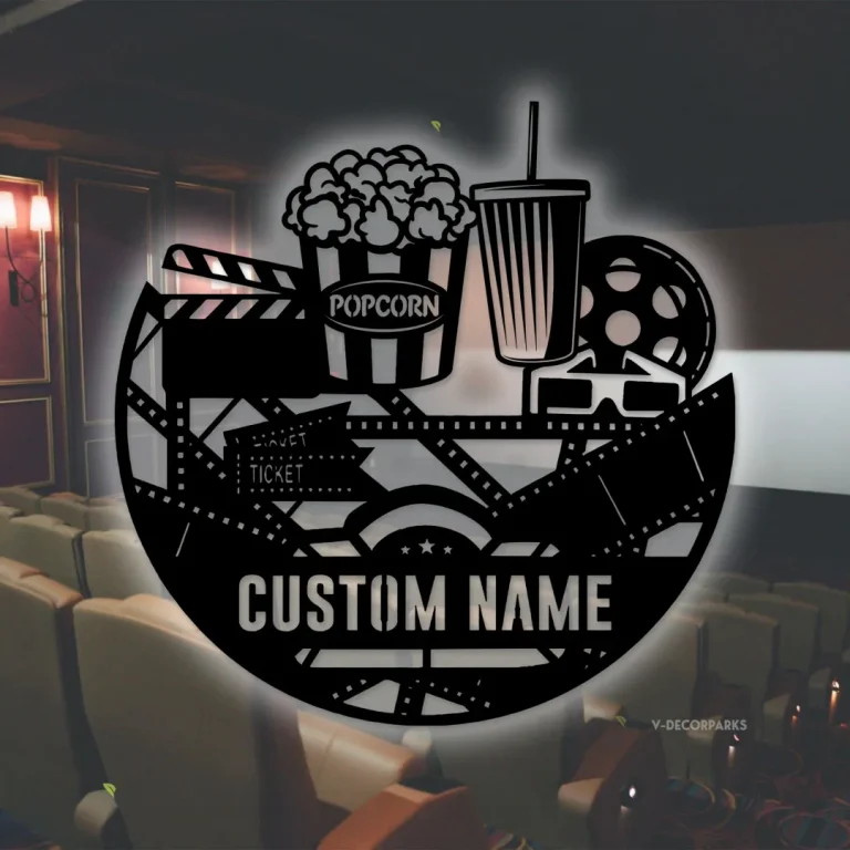 Custom Movie And Popcorn Metal Wall Art Led Light Personalized Cinema Film Movie Name Sign Home Decor Man Cave Decoration Birthday Xmas Gift