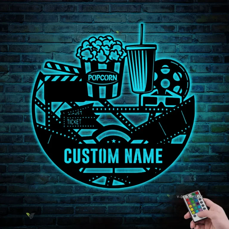 Custom Movie And Popcorn Metal Wall Art Led Light Personalized Cinema Film Movie Name Sign Home Decor Man Cave Decoration Birthday Xmas Gift