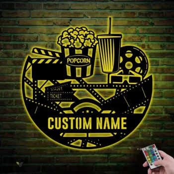 Custom Movie And Popcorn Metal Wall Art Led Light Personalized Cinema Film Movie Name Sign Home Decor Man Cave Decoration Birthday Xmas Gift