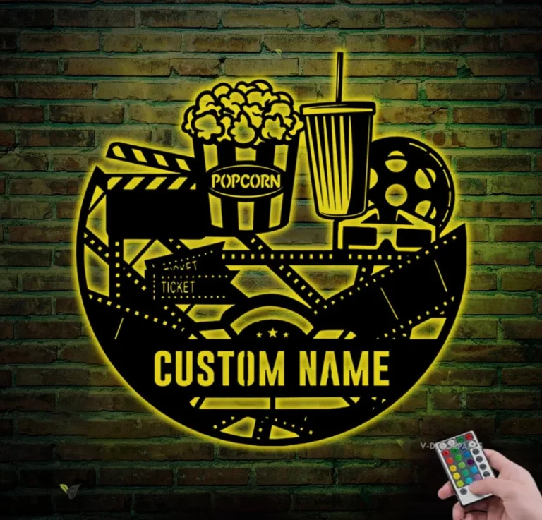 Custom Movie And Popcorn Metal Wall Art Led Light Personalized Cinema Film Movie Name Sign Home Decor Man Cave Decoration Birthday Xmas Gift