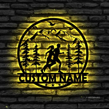 Custom Man Trail Running Metal Wall Art Led Light Personalized Runner Name Sign Home Decor Marathon Decoration Housewarming Birthday Xmas