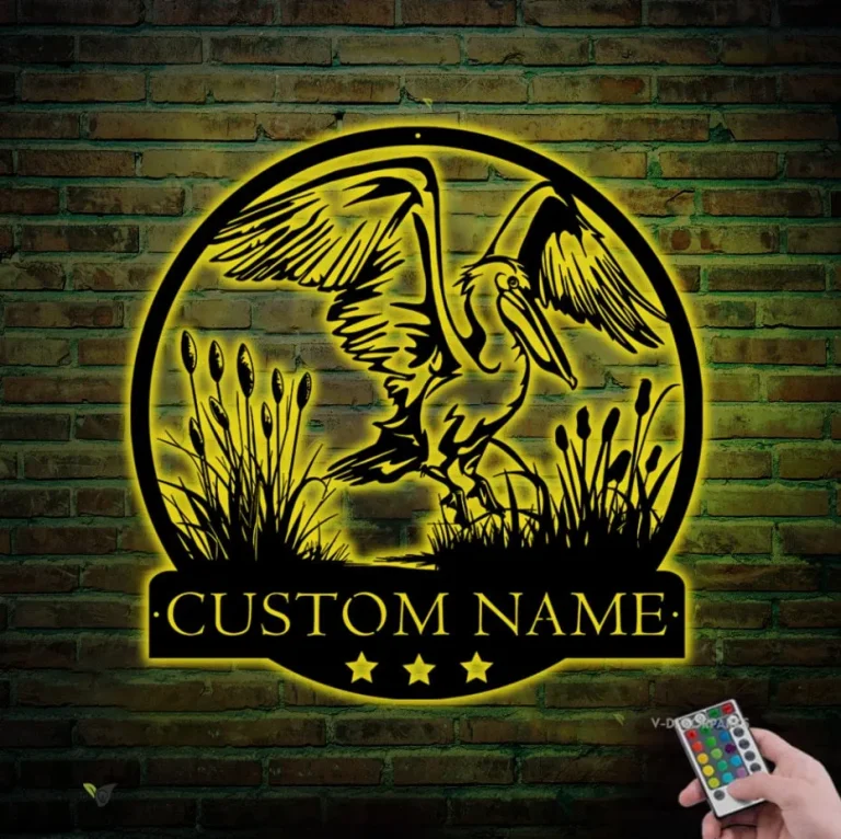 Custom American White Pelican Metal Sign With Lights, Personalized Pelican Hunting Lover Name Sign Pelican Decor Home Decor