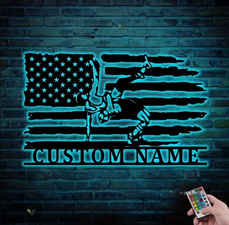 Personalized Wrestling Us Flag Metal Wall Art Led Light Custom American Wrestler Name Sign Home Decor Wrestle Decoration Man Cave Birthday