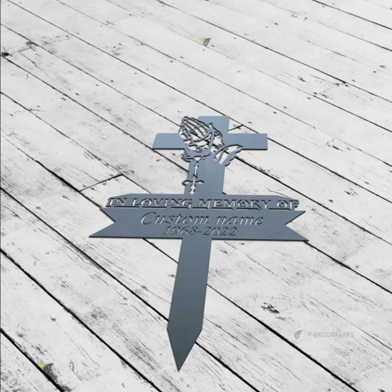 Personalized Cross Memorial Stake, Cross With Praying Hand Metal Stake, Sympathy Sign, Grave Marker, Remembrance Stake, Dad Loss, Mom Loss