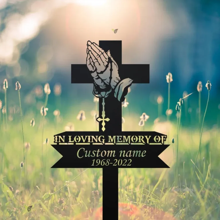 Personalized Cross Memorial Stake, Cross With Praying Hand Metal Stake, Sympathy Sign, Grave Marker, Remembrance Stake, Dad Loss, Mom Loss