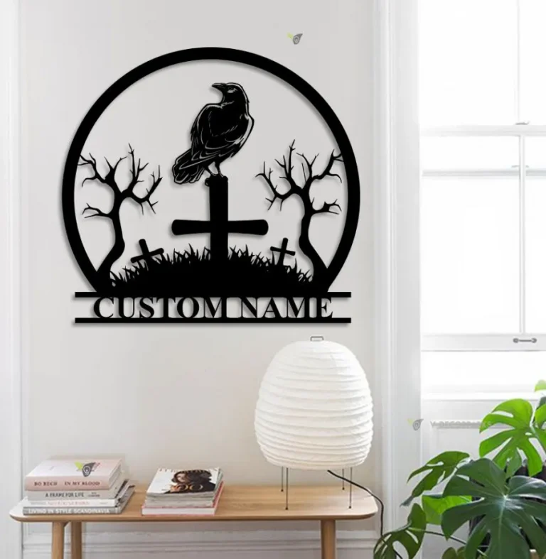 Custom Raven Metal Wall Art With Led Light Personalized Crow Moon Name Sign Home Decor Black Horror Bird Decoration Man Cave Hanging Door