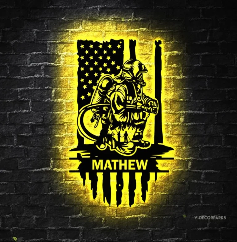 Custom Firefighter Maltese Cross Metal Wall Art Led Light - Personalized Fireman Name Sign Home Decor - - Ideal For Home Decor & Gift