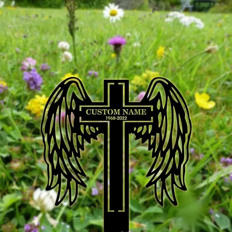 Custom Memorial Cross With Wings Metal Stake, Loss Of Loved One Garden Stake, Sympathy Gift, Grave Marker, Personalized Angel Wings Cross Stake