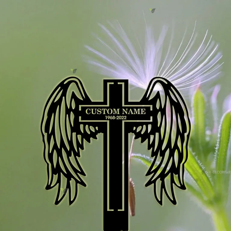 Custom Memorial Cross With Wings Metal Stake, Loss Of Loved One Garden Stake, Sympathy Gift, Grave Marker, Personalized Angel Wings Cross Stake