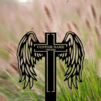 Custom Memorial Cross With Wings Metal Stake, Loss Of Loved One Garden Stake, Sympathy Gift, Grave Marker, Personalized Angel Wings Cross Stake