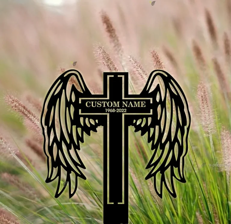 Custom Memorial Cross With Wings Metal Stake, Loss Of Loved One Garden Stake, Sympathy Gift, Grave Marker, Personalized Angel Wings Cross Stake