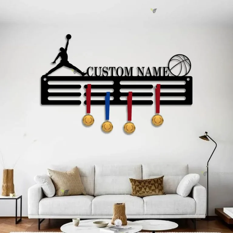 Personalized Basketball Award Medal Holder, 12 Rungs For Medals & Ribbons, Custom Basketball Player Name Medal Hanger, Basketball Medal Display