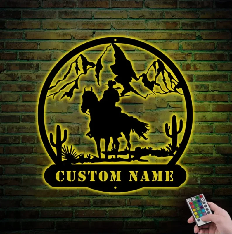 Custom Western Cowboy Metal Led Light Sign, Western Riding Cowboy Metal ...