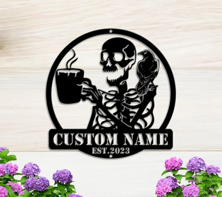 Custom Skeleton Coffee Raven Metal Wall Art Skull Decor Skull Personalized Skull Crow Name Sign Decor Coffee Lover Halloween Decoration Gift