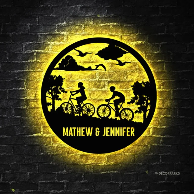 Personalized Mountain Biking Led Light Sign, Metal Biking Led Sign, Biker Name Sign Riding Bicycle Metal Wall Art, Bicycle Lovers Gift, Biking Couple Gift
