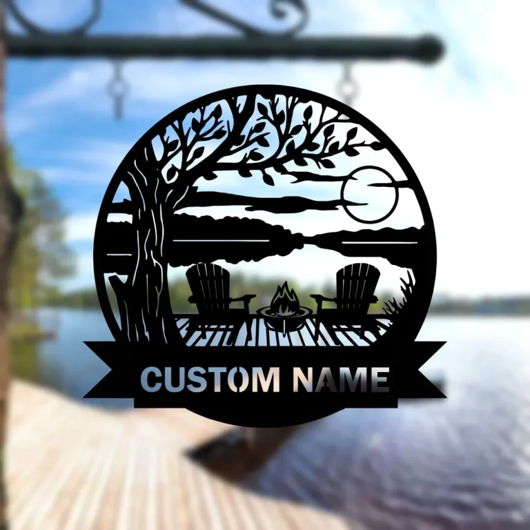 Personalized Metal Monogram, Tree Chairs Dock On Lake House Scene Sunset Sign, Wedding Gift, Family, Outdoor Name Sign, Last Name, Front Door