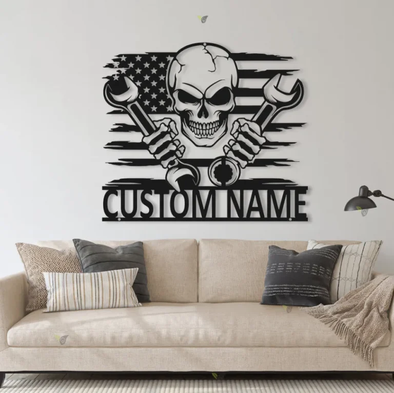 Personalized Us Skull Mechanic Metal Sign, Custom Mechanic Garage Name Sign Led Light, Decoration For Room, Mechanic Metal Led Decor