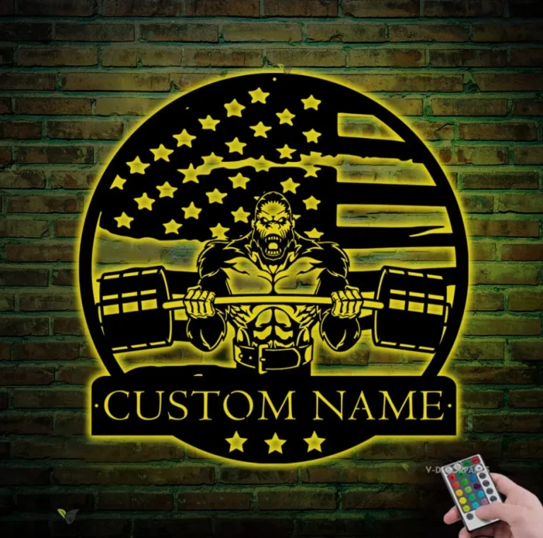 Custom Gozilla Fitness Workout Metal Wall Art With Led Light Personalized Gymer Name Decoration Home Bodybuilding Gym Fitness Decoration