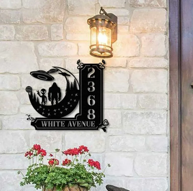 Custom Bigfoot Sasquatch With Us Flag Number Metal Address Sign, Outdoor House Number, Address Plaque, House Number Metal Name Sign Outdoor